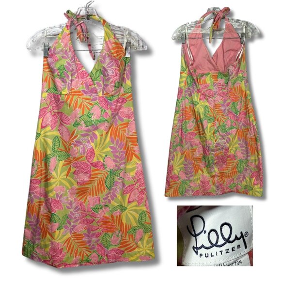 Vintage Lilly Pulitzer 10 Halter Dress Pink Beach Resort Floral Palm Tropical - Picture 1 of 16